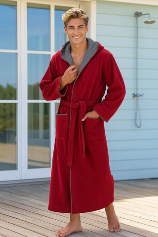 Morgenstern Bademantel Herren Kapuze, leicht, Skylight, RON, kaminrot/d`grau, Gr. M