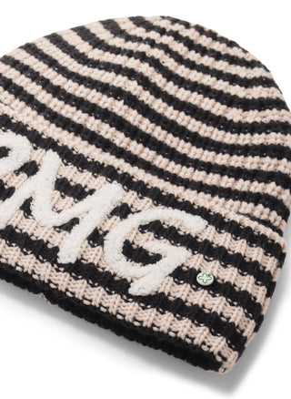 Gestrickte Mütze aus weicher Wollmischung mit gestricktem Streifenmuster und OMG-Patches