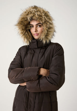 Steppmantel mit Kapuze und Kunstfellkante