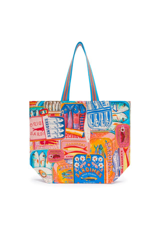 Shopper aus robustem Canvas mit Streifenmuster und Sardinenmotiven