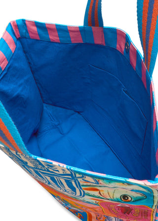 Shopper aus robustem Canvas mit Streifenmuster und Sardinenmotiven