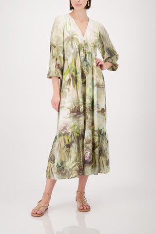 Kleid, olive gemustert