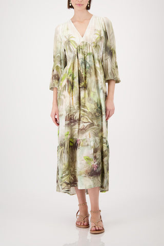 Kleid, olive gemustert