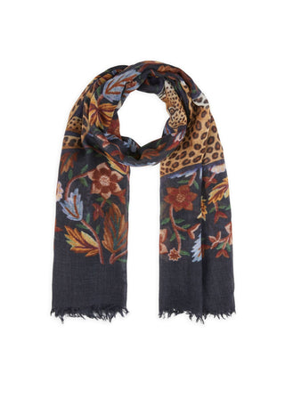 Edler Schal aus Wolle mit Leopard- und Blumen-Motiven