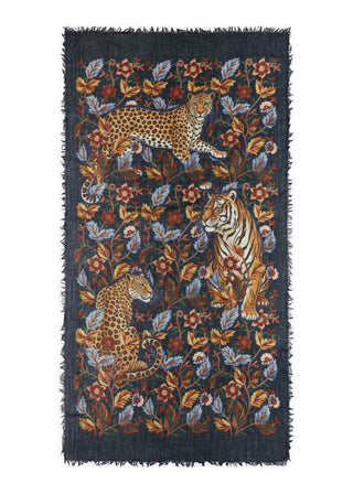 Edler Schal aus Wolle mit Leopard- und Blumen-Motiven