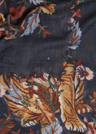 Edler Schal aus Wolle mit Leopard- und Blumen-Motiven
